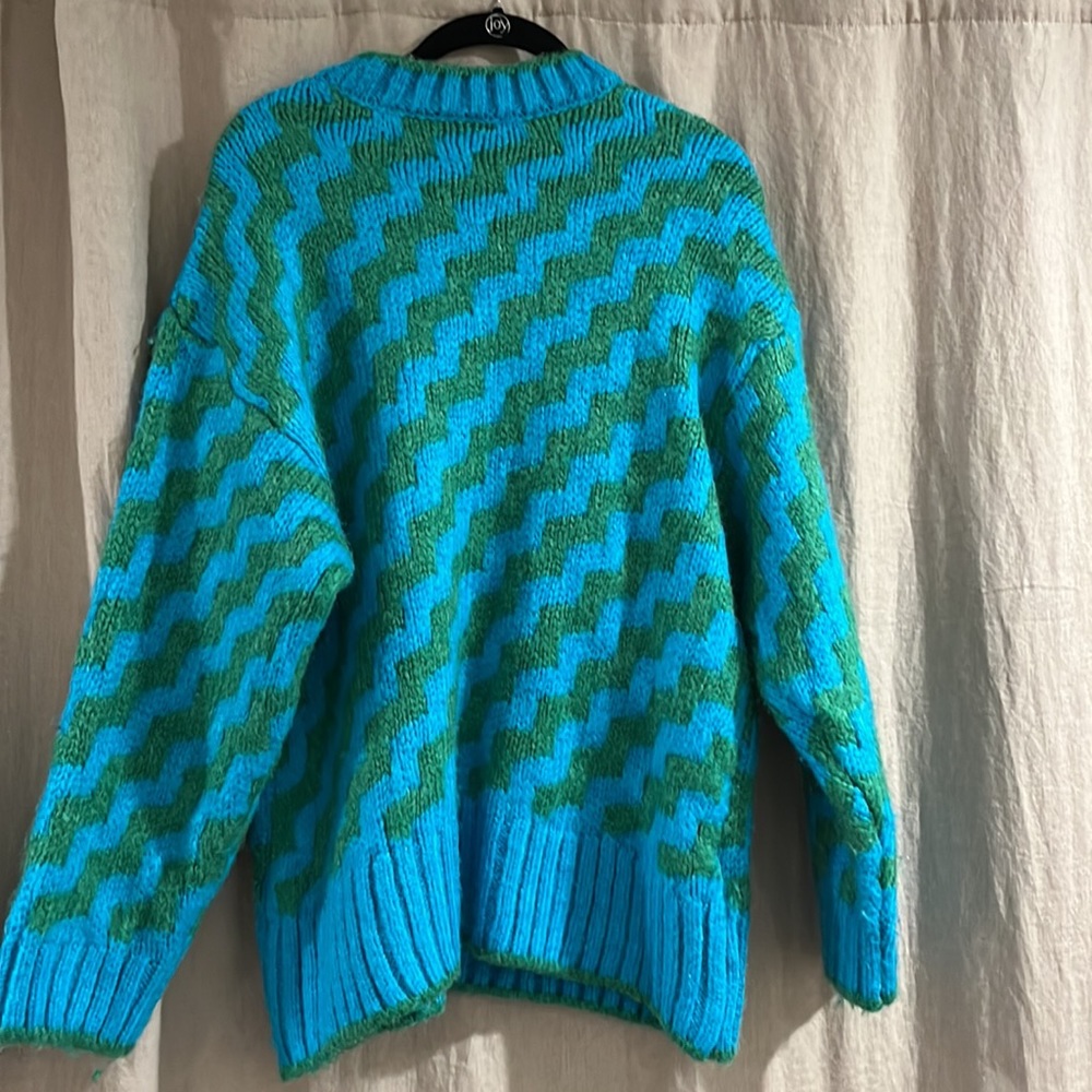 Mango MNG • bright blue green oversized striped knit sweater - Picture 8 of 11